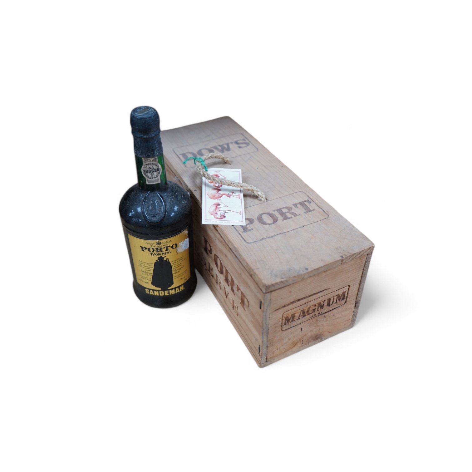 One wooden box of unopened Dow’s Port Reserve 1974, together with a bottle of Sandeman Tawny Port. Condition - storage unknown